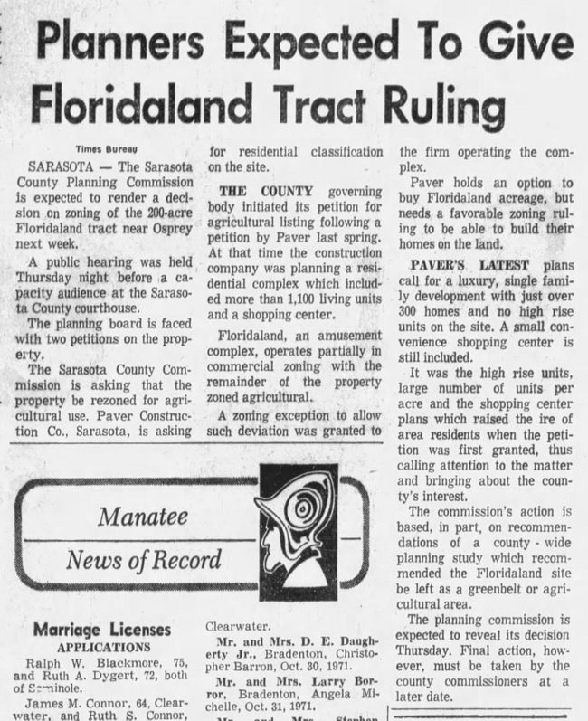 Floridaland - Nov 6 1971 Land Status After Close